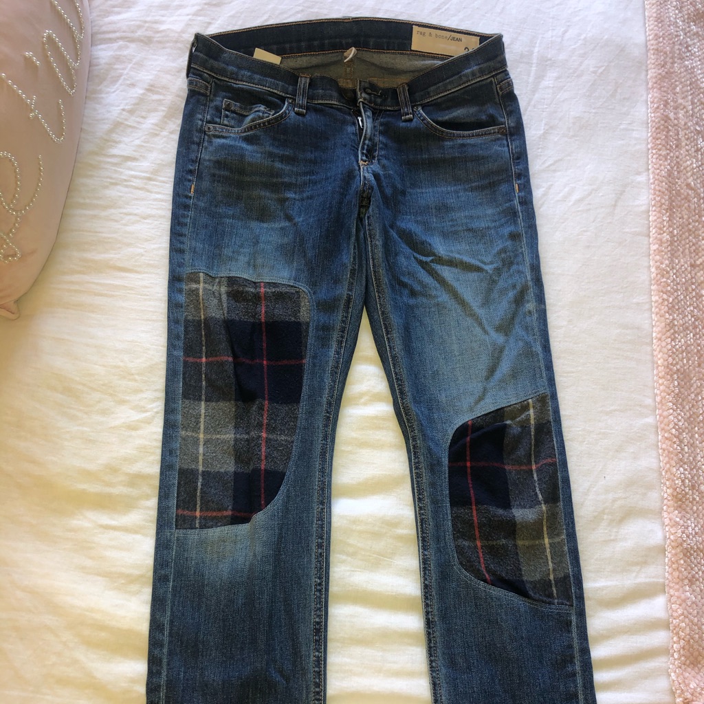 Rag And Bone Blue Denim With Suede Plaid Patches